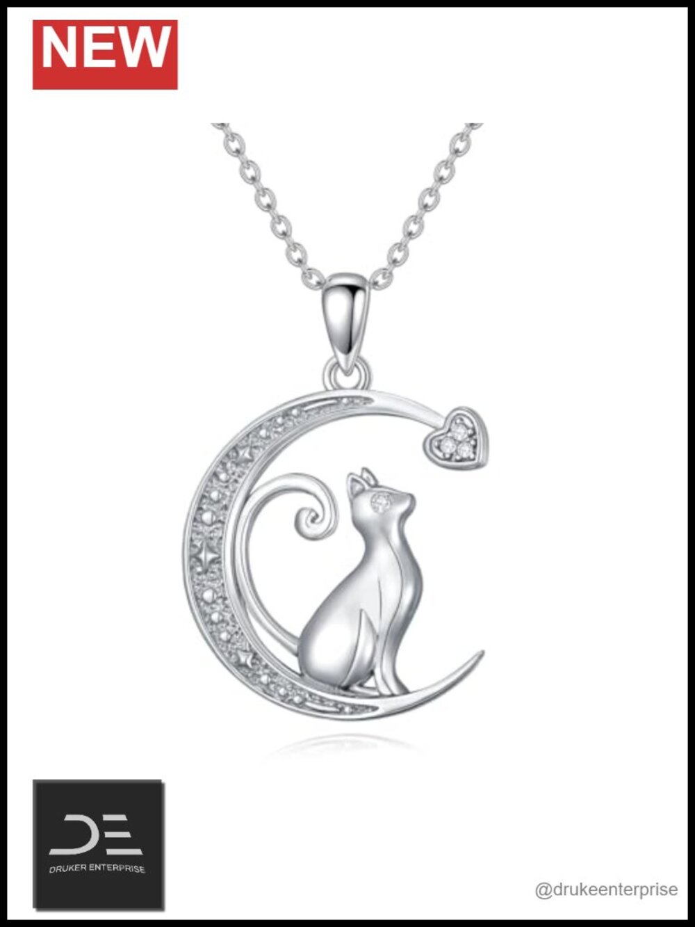 Sterling Silver Cat Pendant Necklace with Lab Grown Diamonds, Cute Moon Cat